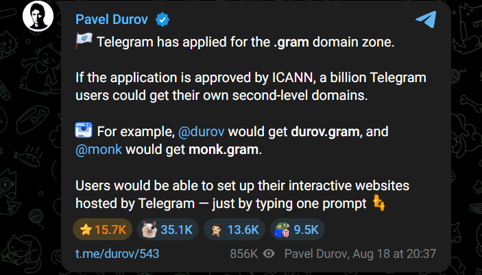Telegram создает собственный интернет: Дуров хочет запустить доменную зону .gram
